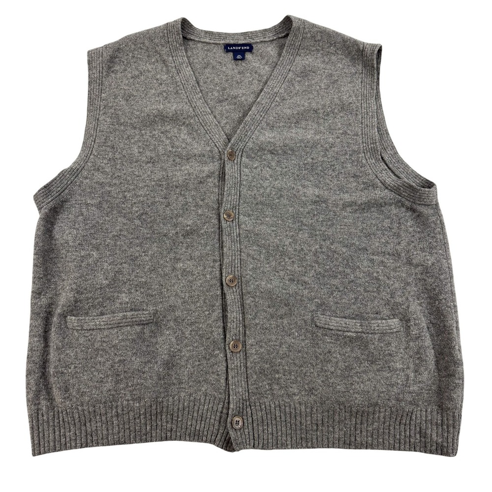 Lands End Sweater Vest Mens 2XL Gray Lambswool V Neck Button Pockets Preppy